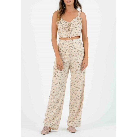 Lucca Couture Iris Palazzo Wide Leg Pants Floral Print High Rise Tan SZ 2 NWT - Picture 1 of 3